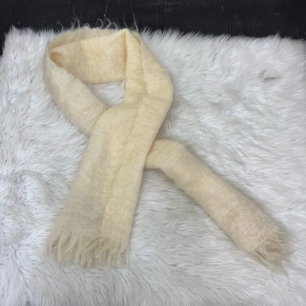 Antartex Vintage Cream Fringe Hem Mohair Wool Blend Rectangular Textured Scarf